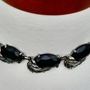 Schiaparelli Silver Leaves/Black Onyx/Glass Necklace Unsigned 15 3/4 inches
